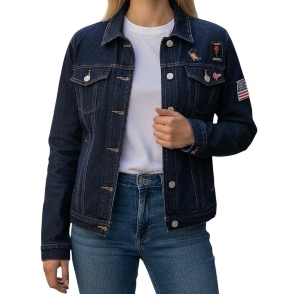 KENDALL+ KYLIE Women's Blue Trucker Patched Denim Jacket Sz Small Cotton NWOT